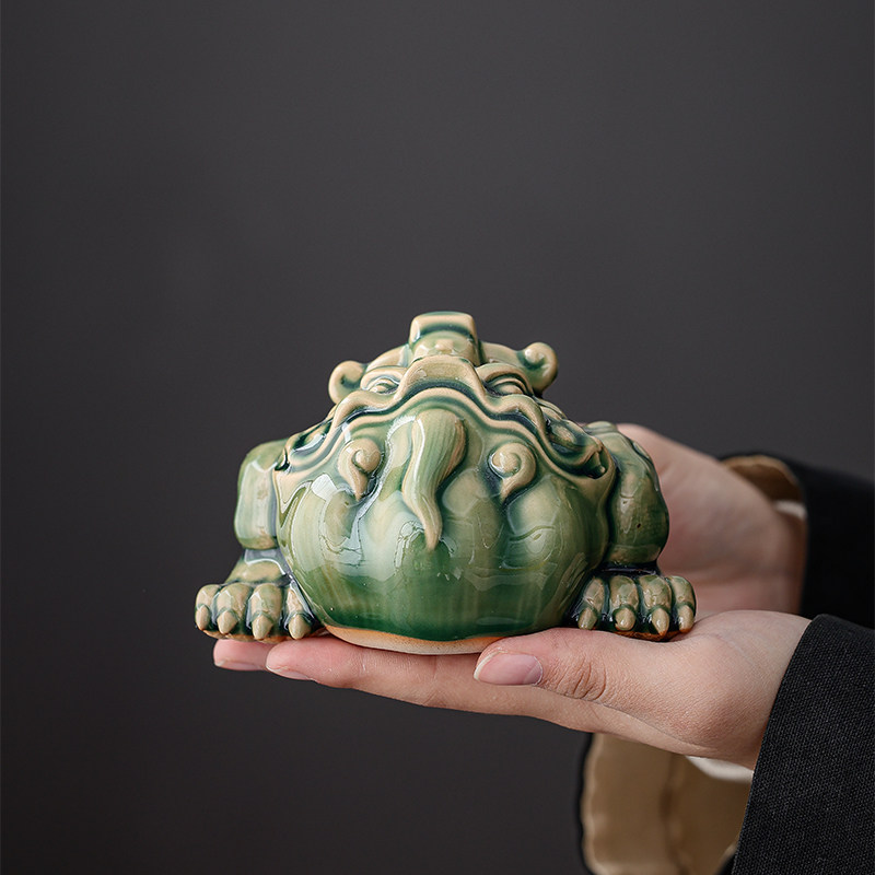 仿古柴烧釉金蟾茶宠摆件手工可养招财茶桌装饰品茶具配件
