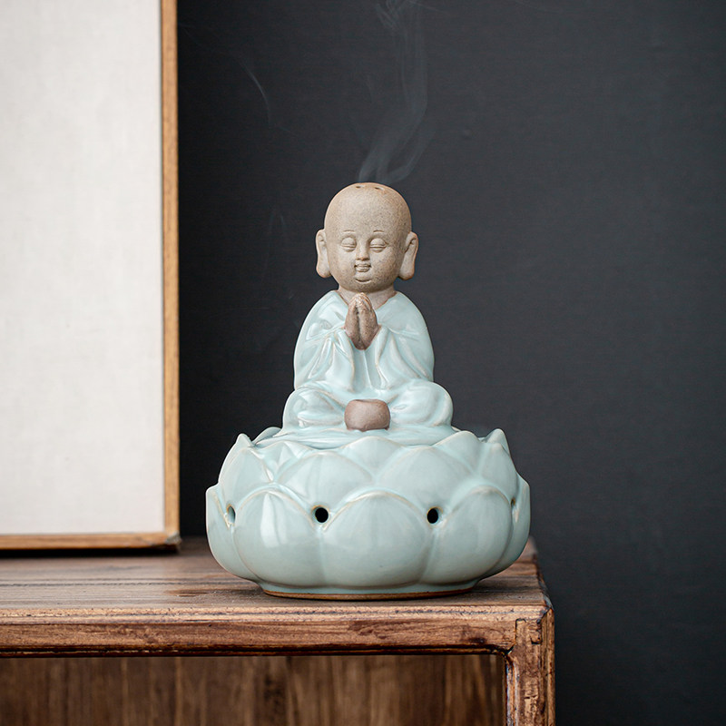 汝窑小和尚莲花香炉室内香薰炉沉香道线香插陶瓷莲花香炉茶宠摆件,餐饮具,茶道/香炉,淘宝优惠券,粉丝福利购,淘宝优惠卷