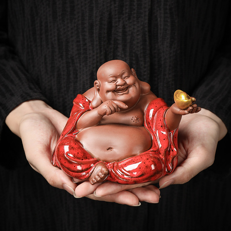 宇轩 紫砂茶宠招财弥勒佛件摆窑变红釉手工精品茶玩茶配车载摆件,餐饮具,茶宠摆件,淘宝优惠券,粉丝福利购,淘宝优惠卷