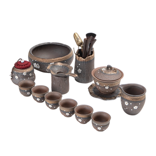 宇轩 鎏金烧老岩泥粗陶盖碗陶瓷壶家用盖碗泡茶器复古功夫茶具