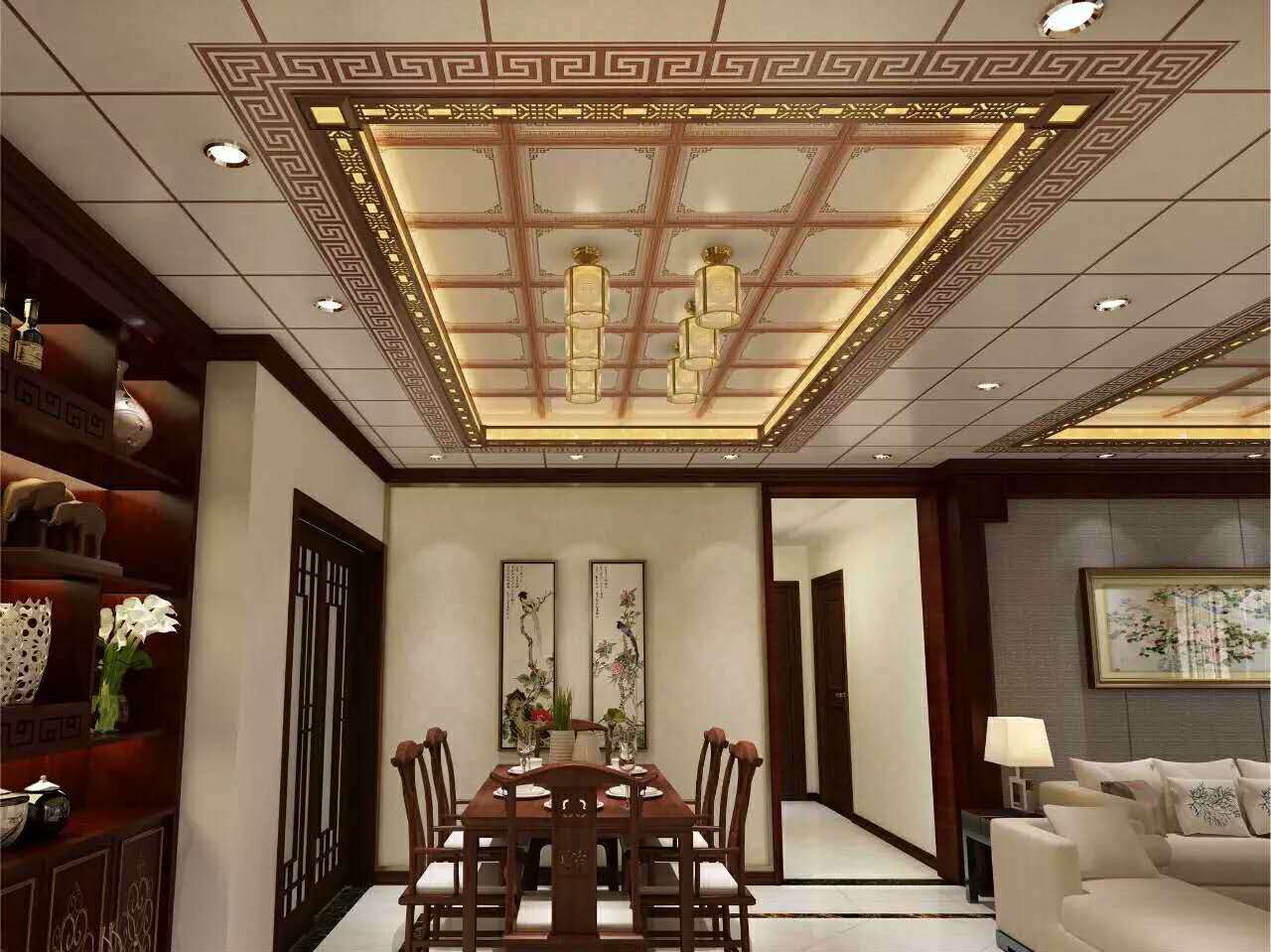 酒店装修家装会客厅餐厅卧室中式铝扣板二级集成吊顶模块锦绣中华
