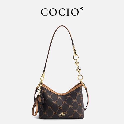 COCIO新款经典老花咖啡色女士包包单肩包腋下斜挎手提包开学焕新