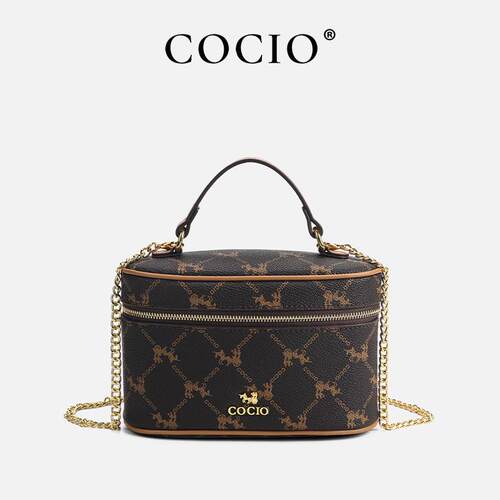 COCIO秋新款复古圆筒盒子包经典老花通勤化妆女包单肩斜挎包小包