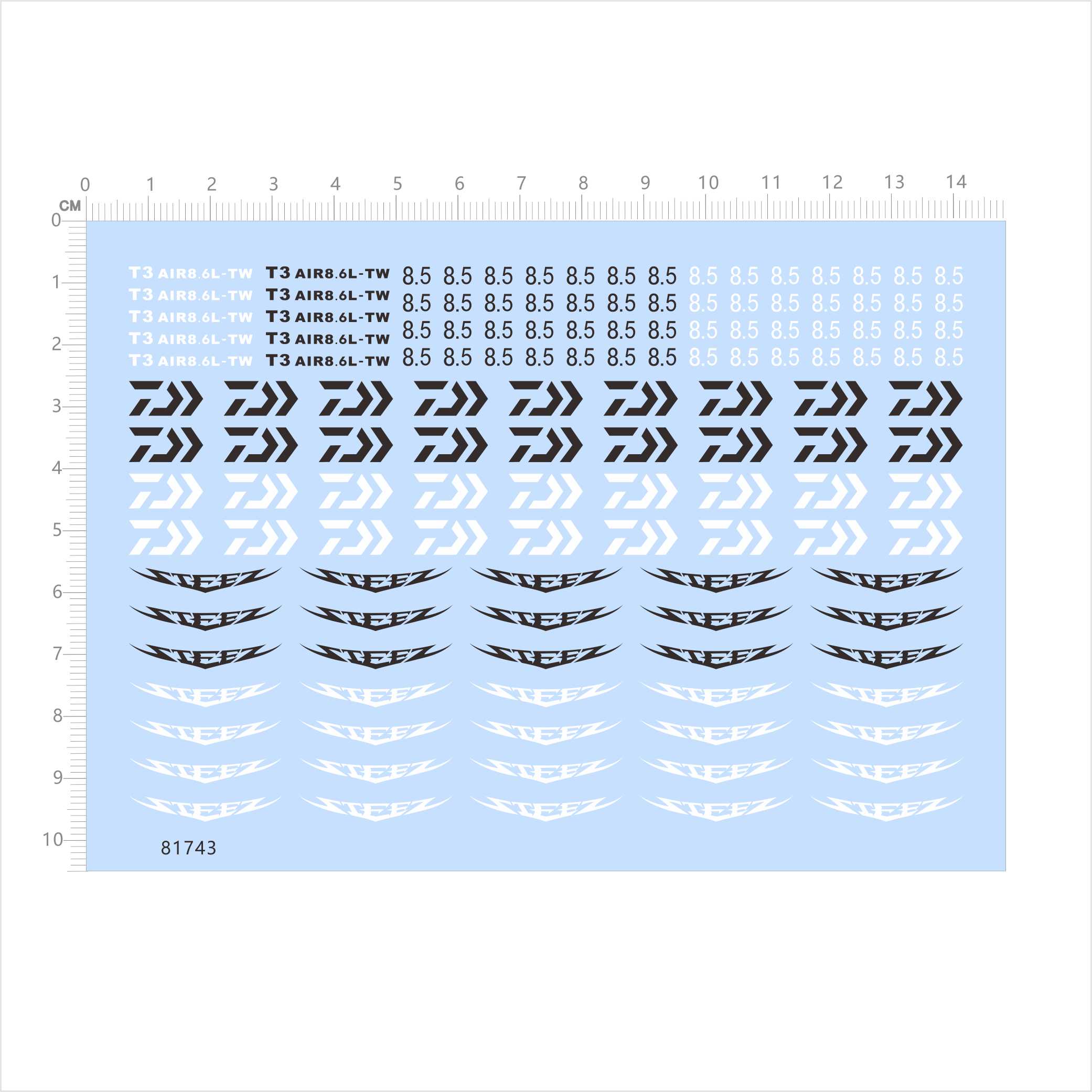 81743比例T3 AIR8.6L-TW水贴钓具水滴轮渔轮模型可撕膜不干胶2404