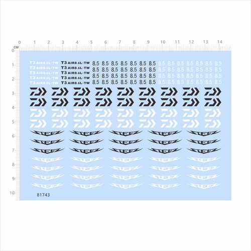 81743比例T3 AIR8.6L-TW水贴钓具水滴轮渔轮模型可撕膜不干胶2404