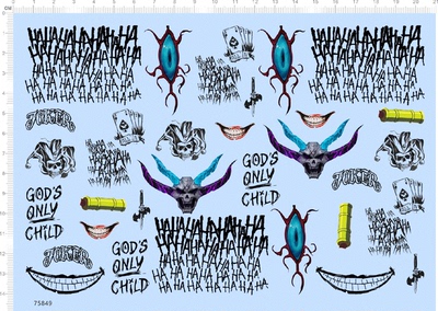 75849整版水贴小丑纹身骷髅头