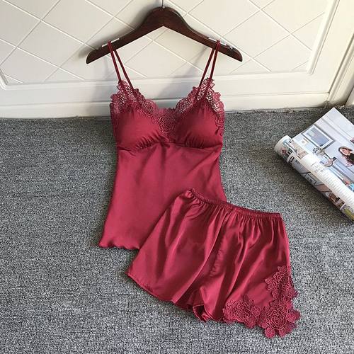 睡衣女夏冰丝性感带胸垫吊带套装丝绸蕾丝花边仿真丝吊带裙家居服