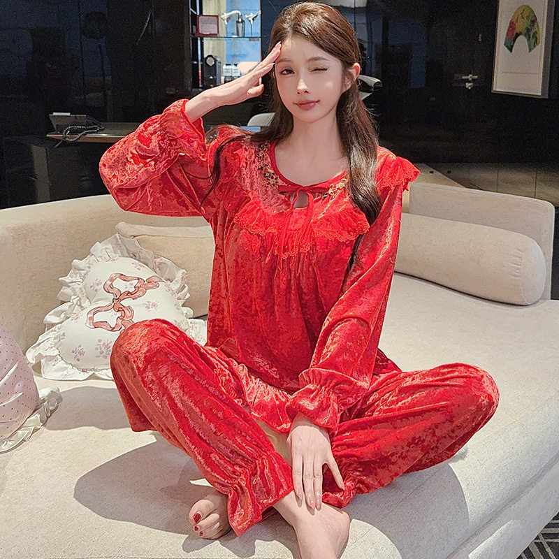 红色秋冬金丝绒宫廷风蕾丝花边睡衣女金丝绒长袖长裤秋冬季家居服