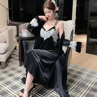 金丝绒女秋冬2025新款中长款睡袍性感睡衣蕾丝带胸垫美背睡裙套装