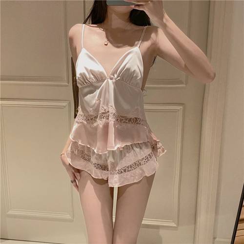 性感纯欲风夏蕾丝吊带短裤冰丝薄款睡衣女夏天家居服套装夏季夏款
