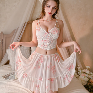 新款性感睡衣女士夏季碎花吊带睡裙两件套裹胸露背系带性感家居服