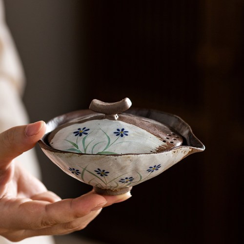虎井窑老岩泥手绘雏菊粗陶茶具
