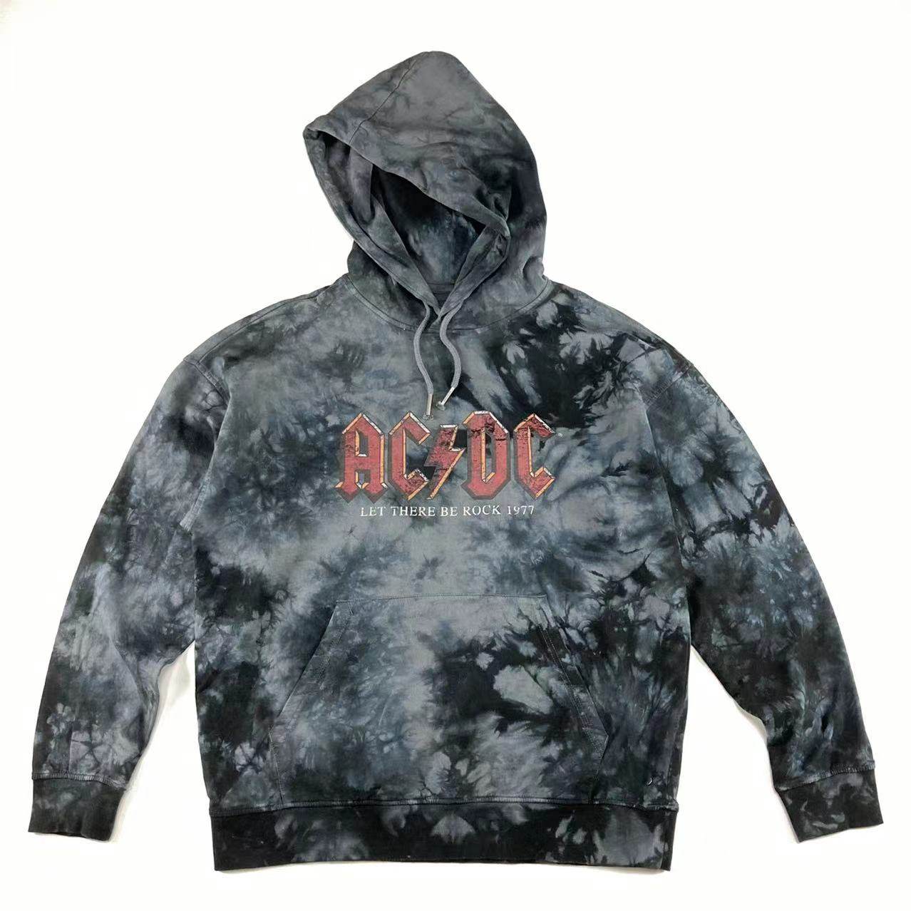 原单 摇滚 金属 ACDC 乐队 扎染 水洗 宽松 落肩 毛圈 连帽 卫衣