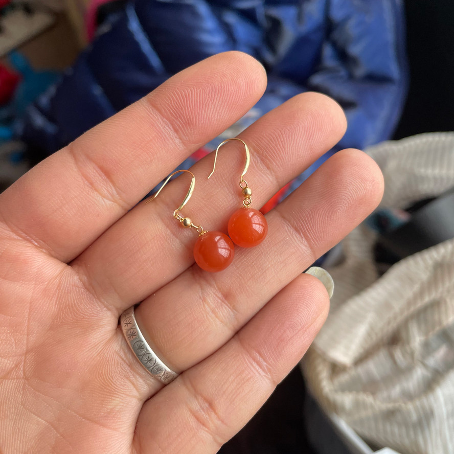 珍惜真金18K黄金天然四川南红耳坠经典圆珠玛瑙耳钩气质款包邮