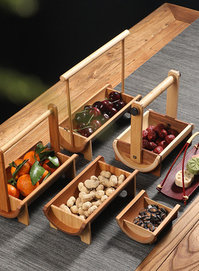 竹制提手茶点盘复古中式零食水果点心盘创意家用收纳提篮干果托盘