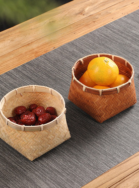 手工竹编圆形收纳筐中式复古家用桌面整理筐水果篮零食筐小竹筐篓