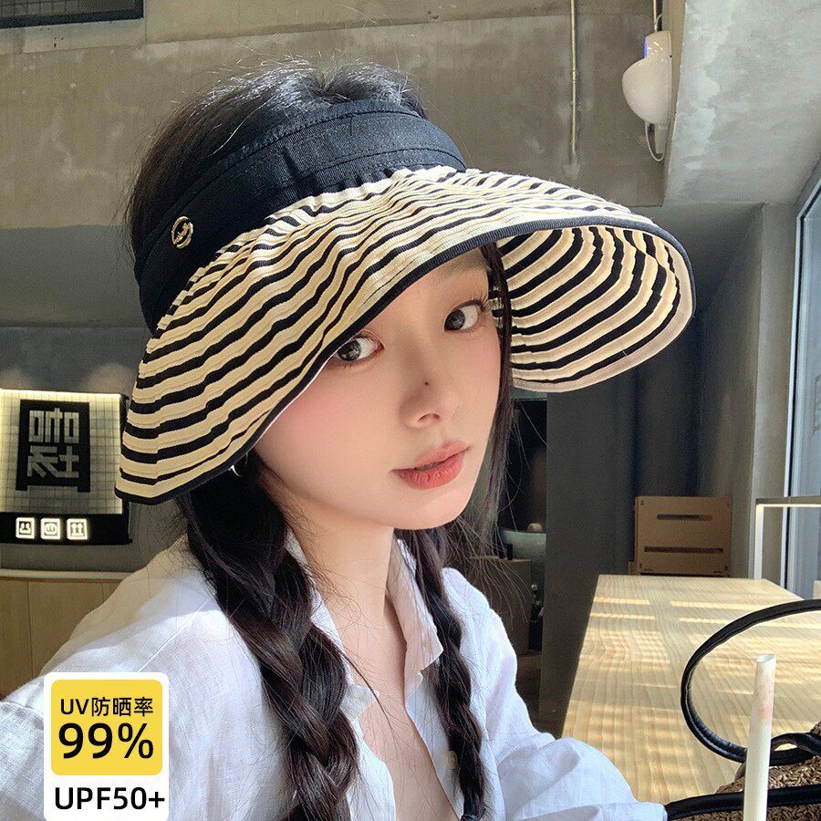 ROSYX 黑白条纹防晒空顶帽女夏季蛋卷速干透气可折叠太阳帽遮阳帽