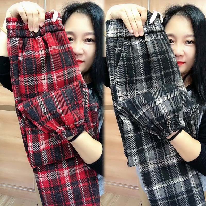 2023冬季新款加绒加厚格子休闲裤女宽松显瘦灯笼裤高腰百搭哈伦裤,女装/女士精品,休闲裤,淘宝优惠券,粉丝福利购,淘宝优惠卷