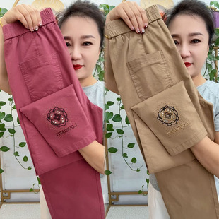 女宽松显瘦遮肉休闲裤 夏季 薄款 高腰刺绣哈伦裤 纯棉直筒小脚九分裤