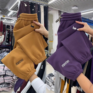 加绒加厚卫裤女冬季百搭束脚刺绣哈伦裤宽松显瘦休闲裤保暖运动裤