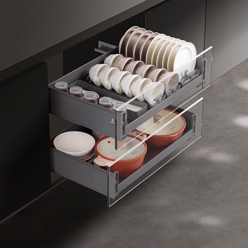 欧琳拉篮厨房橱柜碗碟篮304不锈钢拉篮双层抽屉式橱柜锅具收纳篮