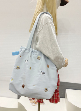 波吉超轻便托特包运动夏天可爱刺绣帆布袋女大容量抽绳包2026新款