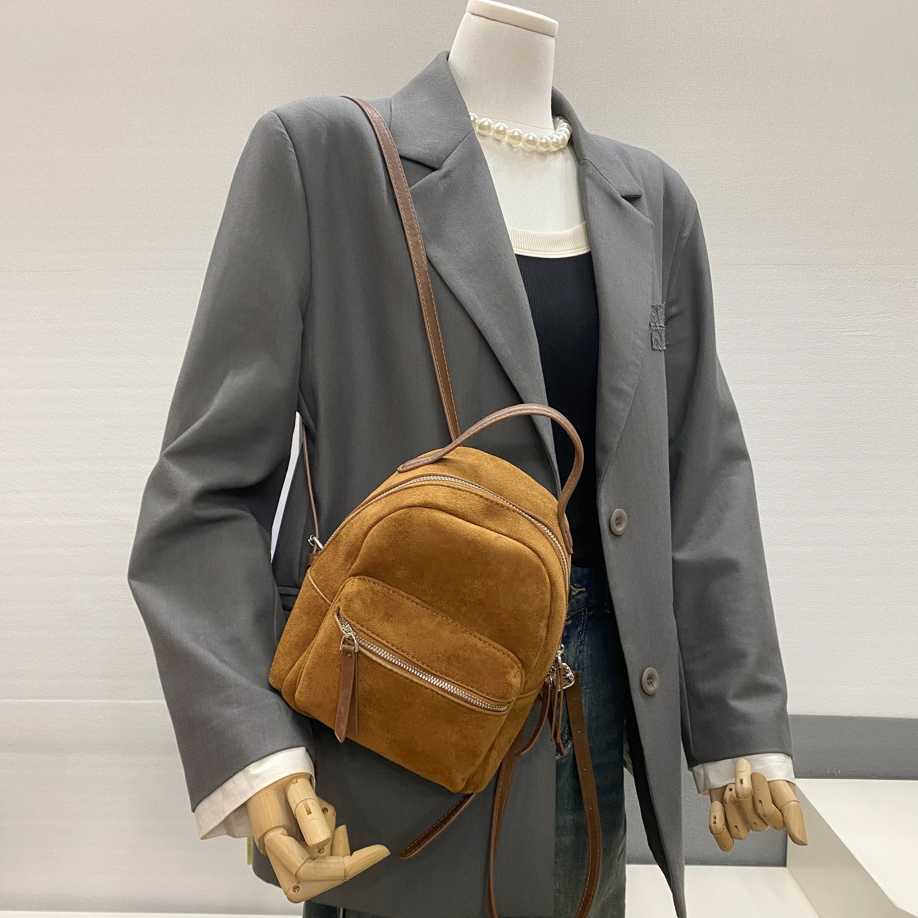 复古麂皮绒面双肩背包女时尚百搭气质ins风日常通勤包迷你包包