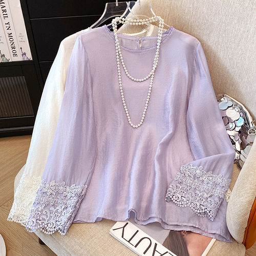 2026夏季新中式蕾丝拼接长袖衬衫女国风改良宽松圆领气质上衣