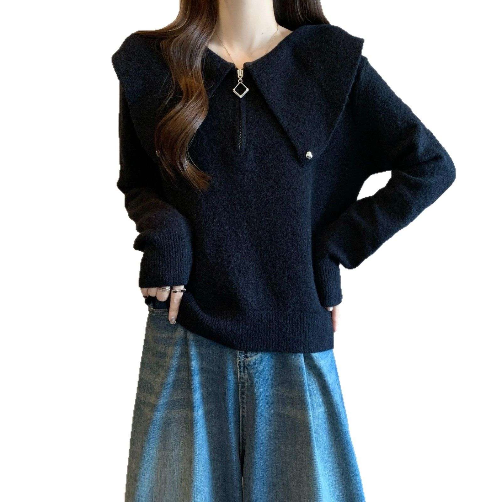 洋气娃娃领半拉链套头毛衣女2025秋冬新款百搭显瘦纯色针织女上衣