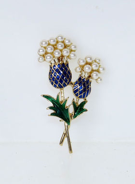迪调猫蓝色花朵胸针女珍珠别针气质高级精致胸花高档