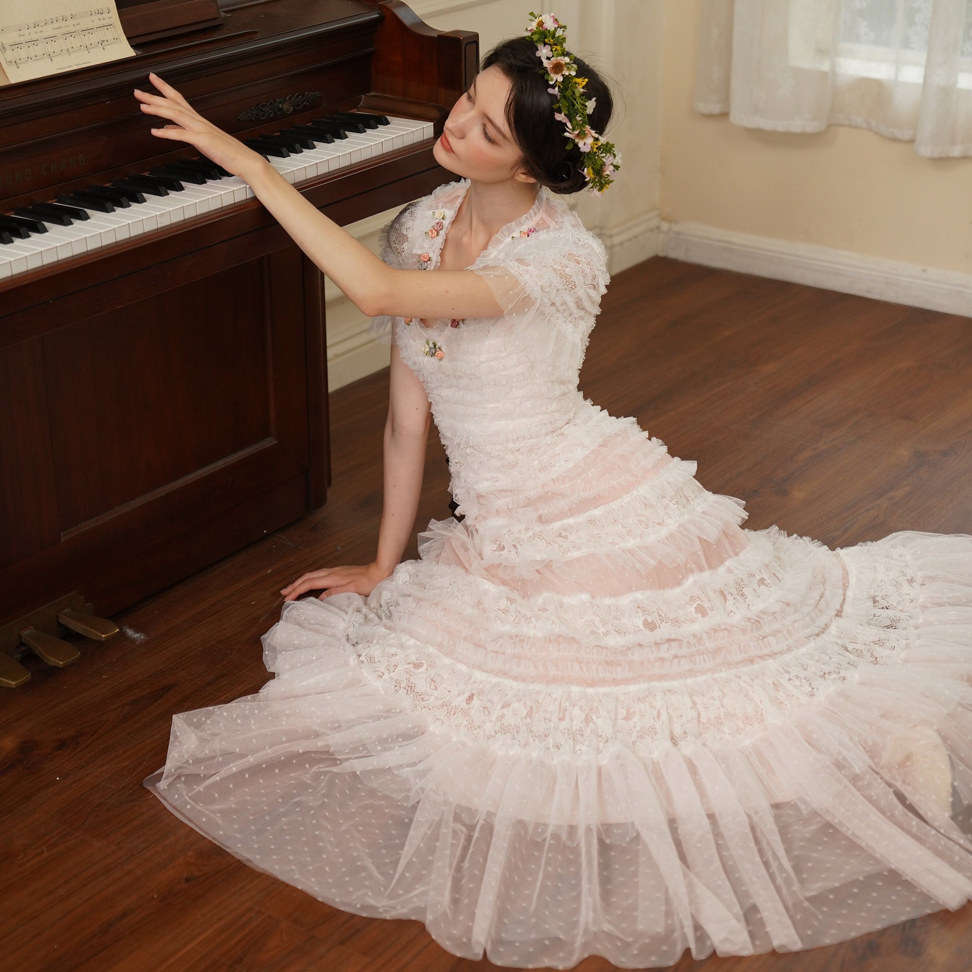 脸儿艺 手工立体盘花 法式V领  水粉 浅蓝 蛋糕裙 修身大摆连衣裙,女装/女士精品,连衣裙,淘宝优惠券,粉丝福利购,淘宝优惠卷