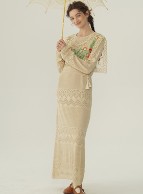 脸儿艺 vintage设计 镂空刺绣 复古大海军领 针织垂感 长款连衣裙