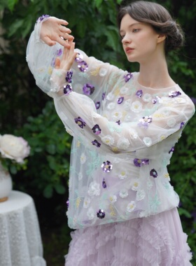脸儿艺 紫色立体鳞片花朵 手工制衣 宽松奢华罩衫 仙气上衣