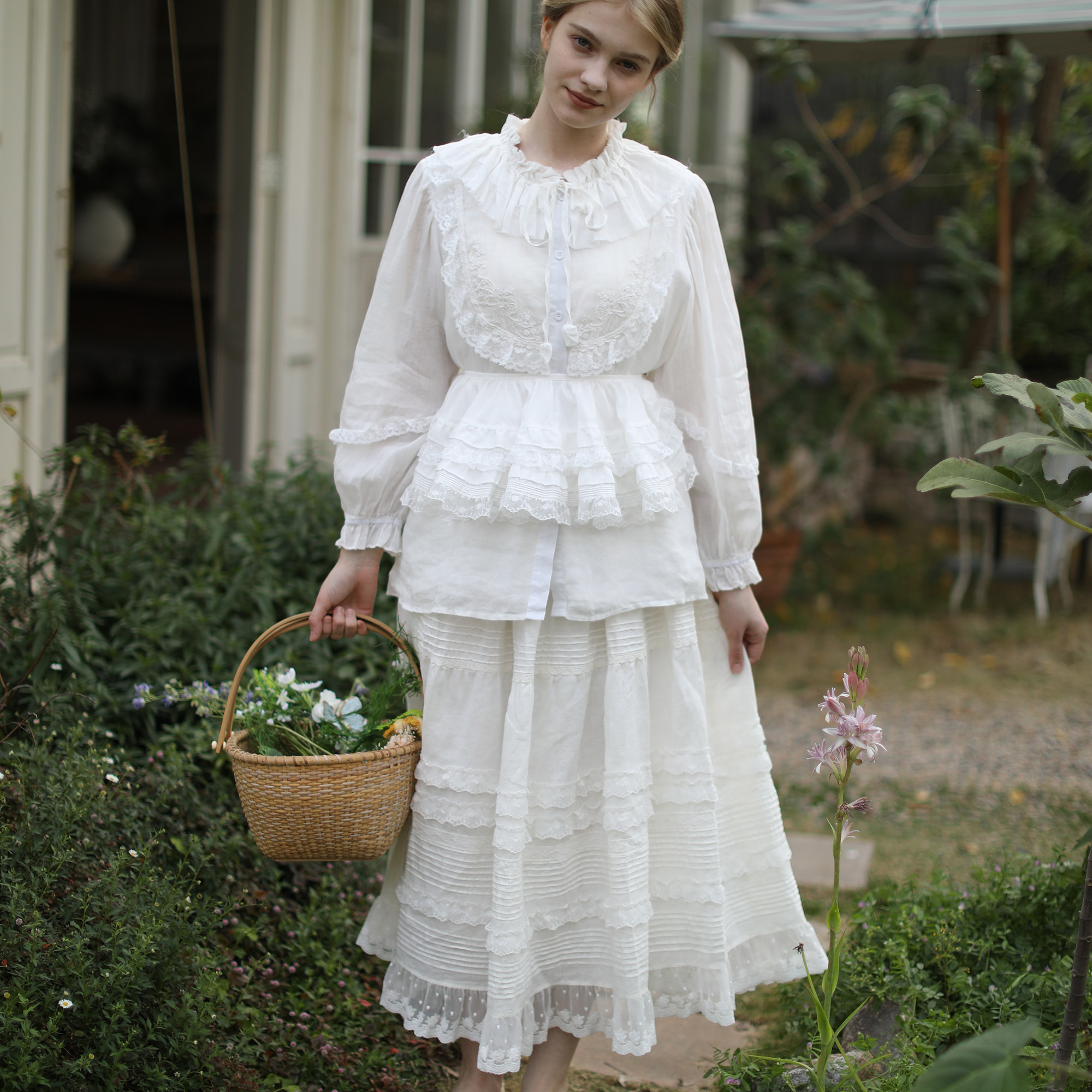 脸儿甄选 文艺森系 法式小风琴褶 蕾丝木耳边 大裙摆 亚麻半身裙