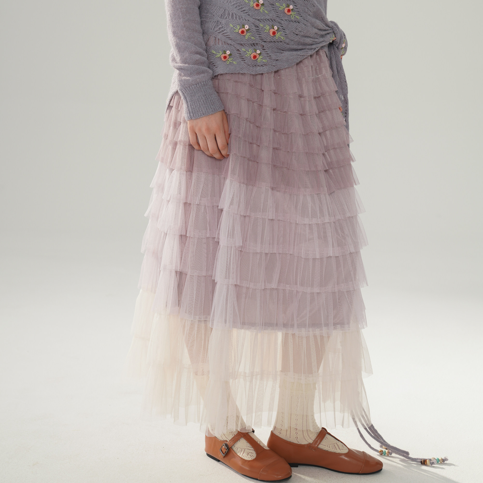 脸儿艺 淡雅耦合子分 纱网蛋糕裙摆 森女半身裙