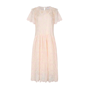 脸儿艺 粉嫩嫩精工通身刺绣 闪闪钉珠翻领 宽松仙女连衣裙