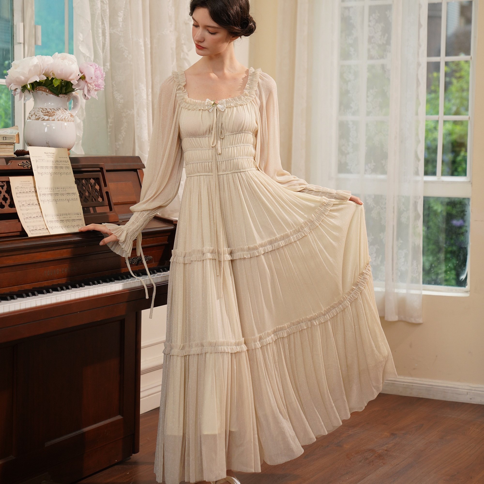 脸儿艺 希腊款 低胸一字领 闪闪奢华 垂感长袖大摆修身连衣裙