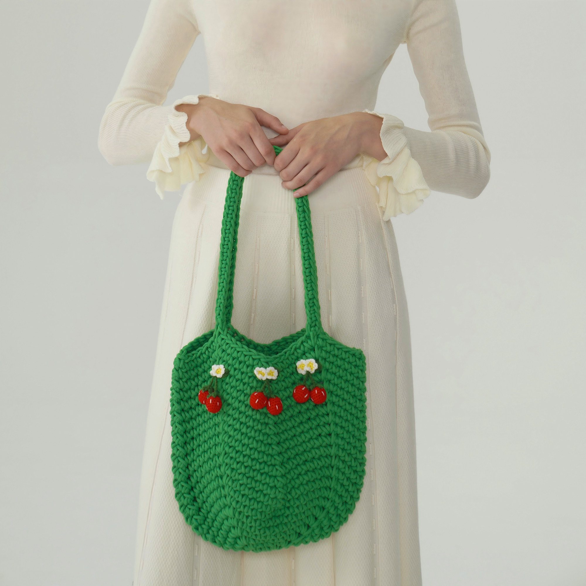 脸儿艺 手工编著 清新草绿 手工钩花果子 森女棉质 水桶手提包
