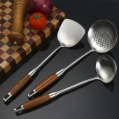 花梨木柄304不锈钢老式 大汤勺长柄防烫勺子家用厨房盛汤粥炒菜勺
