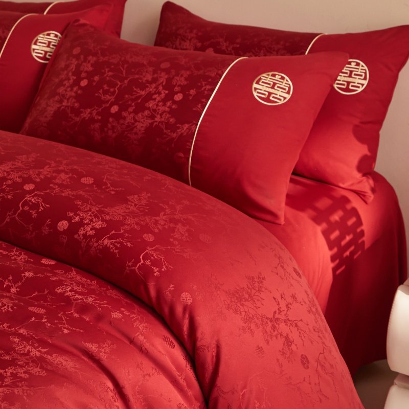 新中式长绒棉高档提花结婚四件套双囍纯棉被套大红色婚庆床上用品,床上用品,婚庆床品套件,淘宝优惠券,粉丝福利购,淘宝优惠卷