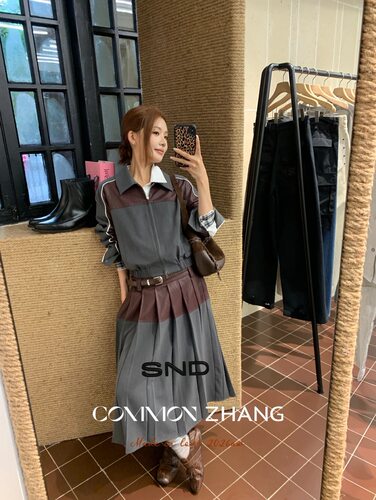 CZZHANG正版韩系撞色POLO领短外套女+秋季新品百褶裙设计感两件套