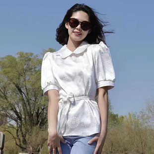 蒙古元素短袖娃娃领衬衫印花民族风修身蒙古半袖女装特价清仓