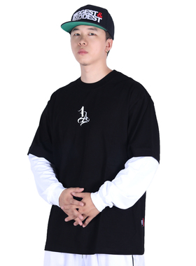 美式复古LA字母奇卡诺拼色花体字假两件宽松hiphop重磅长袖T恤秋