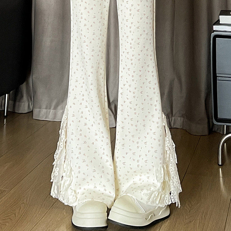 美式碎花蕾丝拼接微喇叭裤女