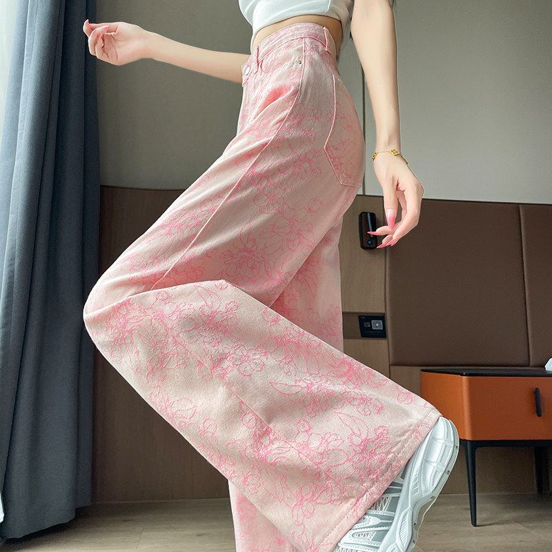 粉色碎花阔腿牛仔裤女202