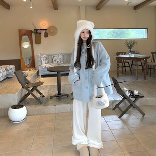 小个子蓝色超级好看毛呢外套女2026春秋高级感蝴蝶结短款呢子大衣