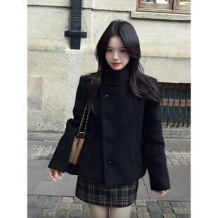 小个子蓝色超级好看毛呢外套女2026春秋高级感蝴蝶结短款呢子大衣