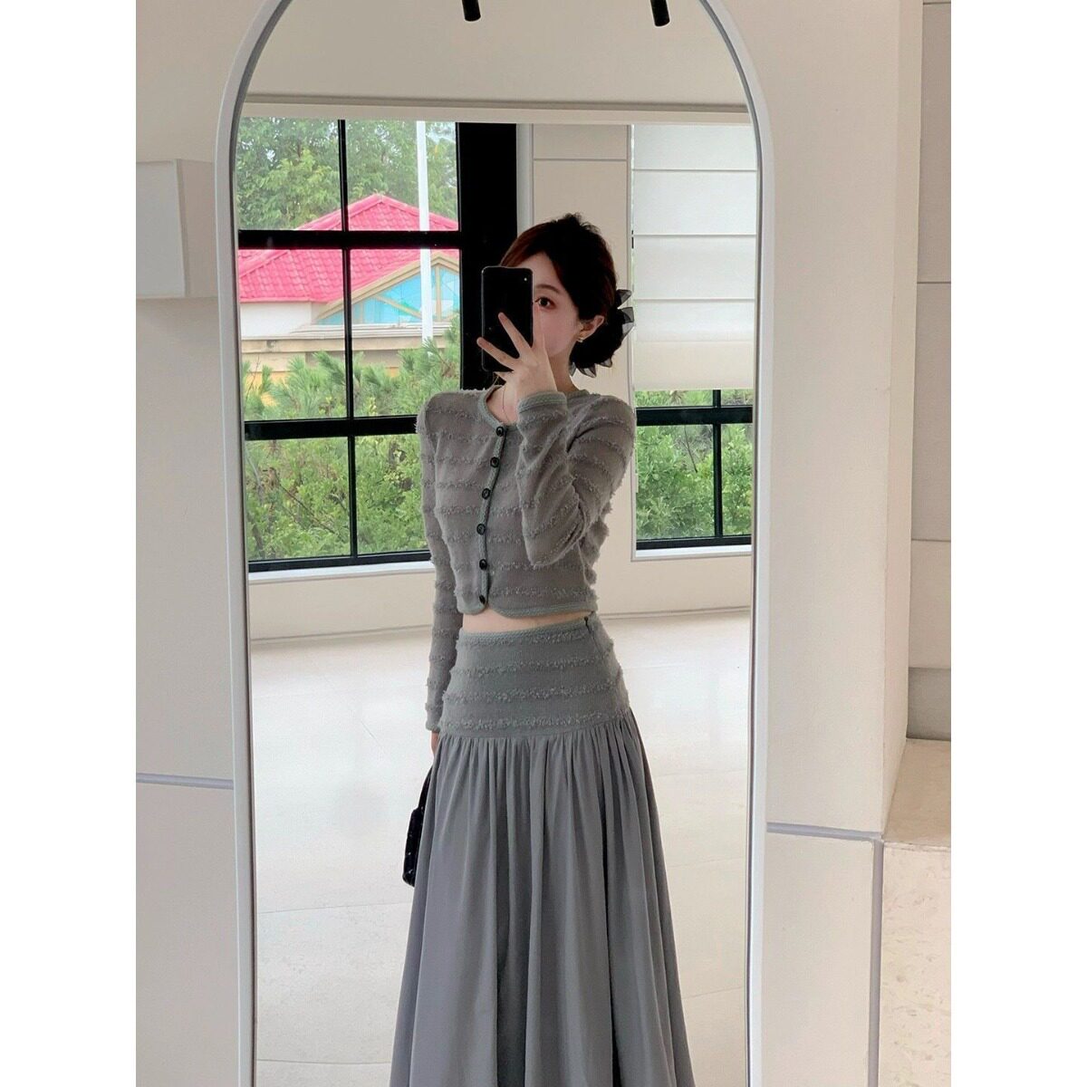 长袖针织衫短款开衫长裙高腰裙子