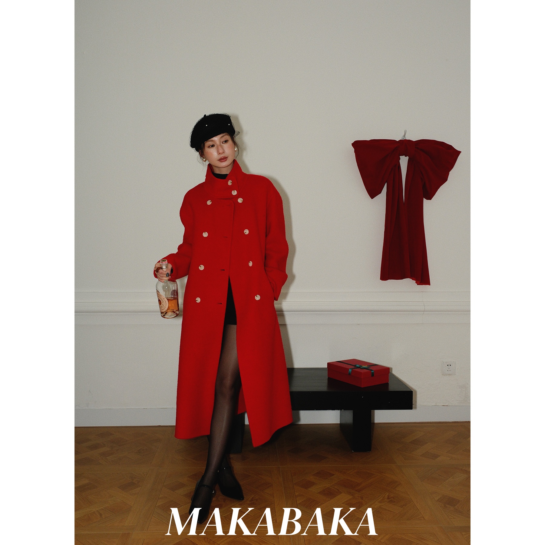 红色双排扣腰带双面呢羊驼毛羊绒大衣女冬季新款长款高级长款外套