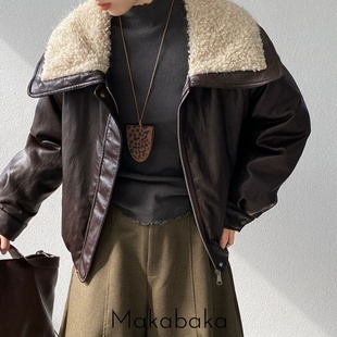 咖色短款羽绒服女冬季新款羊羔毛大毛领pu皮加厚保暖90白鸭绒上衣